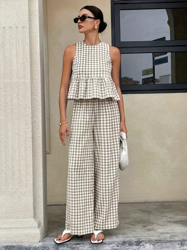 528b13ef-9e9c-4941-b4c5-bacb83551279.jpg Women's Stylish Gingham Two - Piece Set: Sleeveless Peplum Top & Wide - Leg Trousers