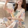 Women's Casual Round Neck Short Sleeve Pajama Set with Capri Pants