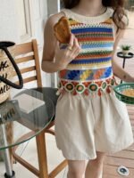 Women's Rainbow Stripe Crochet Fringe Crop Tank Top