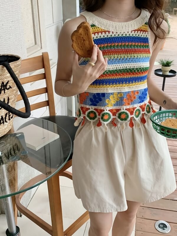 5a399314-7dc0-478d-be5e-8bad878a255a.jpg Women's Rainbow Stripe Crochet Fringe Crop Tank Top