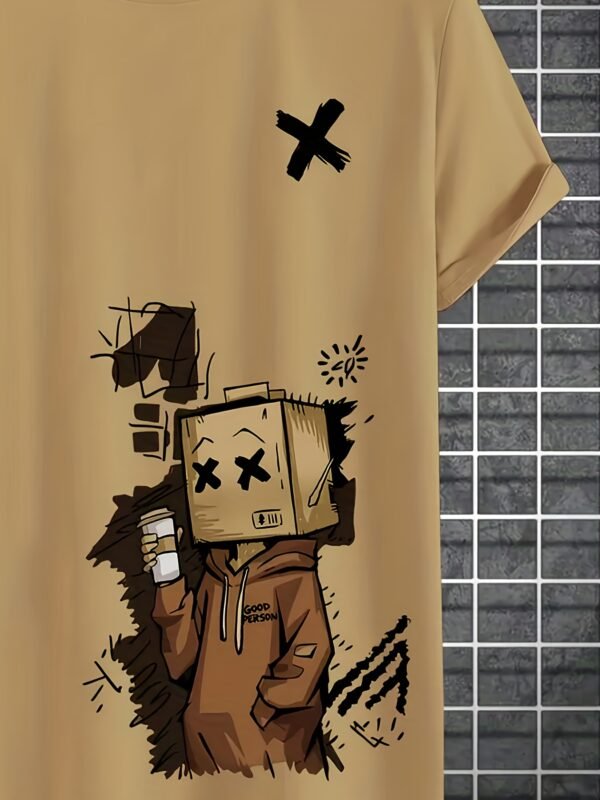 Men's Trendy Doll Graffiti Print Casual Short Sleeve T-Shirt – Khaki