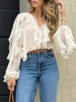 6388b71d-2ed8-4700-bb78-d296fce125ea.jpg Ruffle Trim Button-Front Long Sleeve Blouse