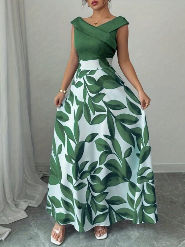 Green Leaf Print Pocketed A-Line Maxi Dress