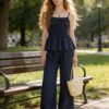 Teen Girls' Ruffled Cinched Cami Top & Wide-Leg Trousers 2-Piece Set – Navy