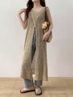 Women's Hollow Embroidery Hooded Cover-Up Vest Dress – Khaki