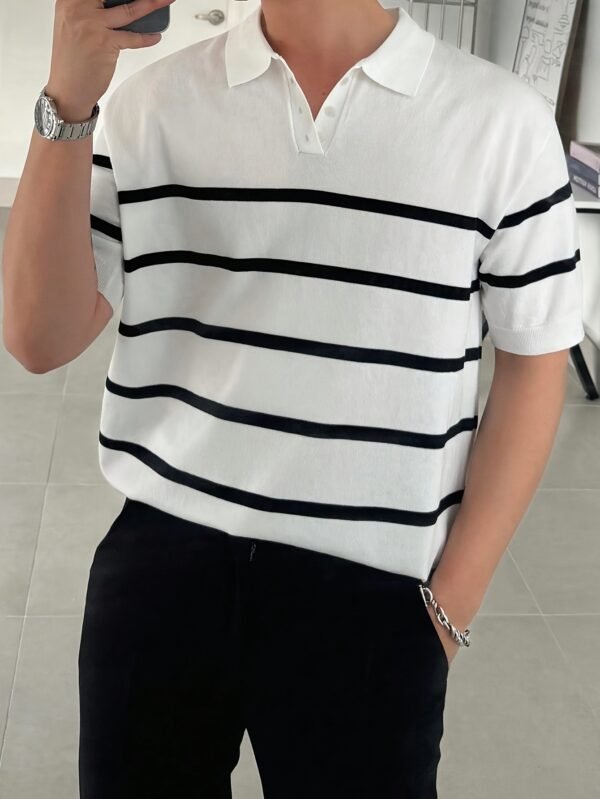 68e63634-3f6d-49af-9e65-2c7d6eea32ff.jpg Men's Business Casual Striped Knit Polo T-Shirt with Contrast Collar