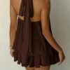 Coffee Brown Backless Halter Mini Dress