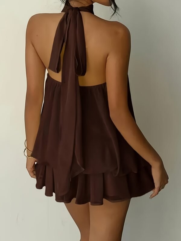Coffee Brown Backless Halter Mini Dress
