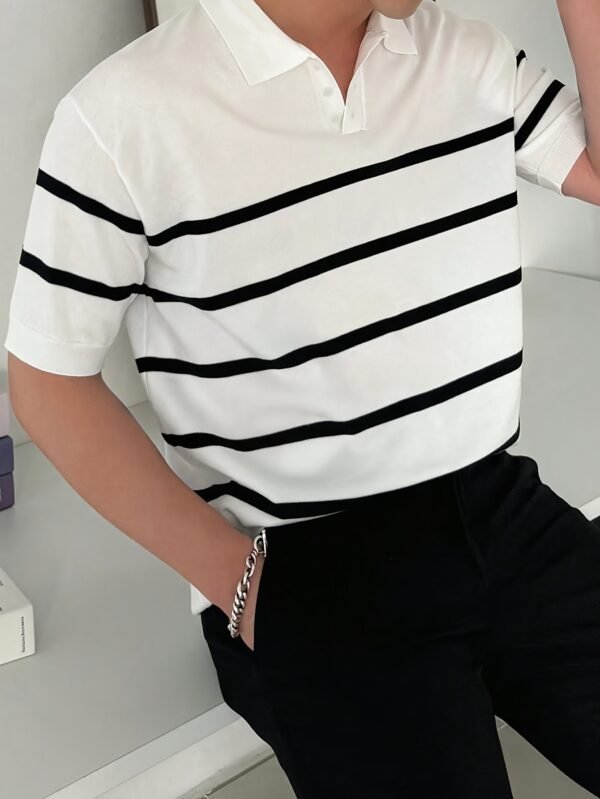 6c99747e-328b-4d3b-8af1-ca1bfe26ab4b.jpg Men's Business Casual Striped Knit Polo T-Shirt with Contrast Collar
