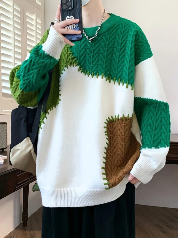6ec24bd8-450b-4919-9872-3b781d538c7e.jpg Men's Color-Block Spliced Knit Sweater – Green