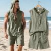 Men's Hooded Sleeveless Button-Up Shirt & Drawstring Shorts Linen 2-Piece Set