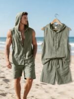 Men's Hooded Sleeveless Button-Up Shirt & Drawstring Shorts Linen 2-Piece Set