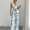 Printed V-Neck Top & Wide-Leg Pants Set