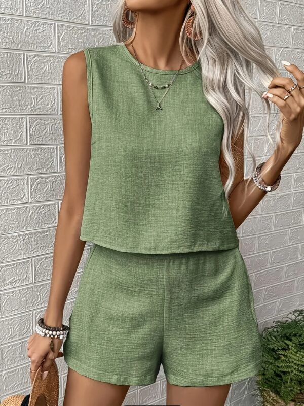 73e2da66-3b7f-495e-9ec6-a0fd6fab58be.jpg Women's Summer Textured Solid Color Vest & Shorts Set – Green