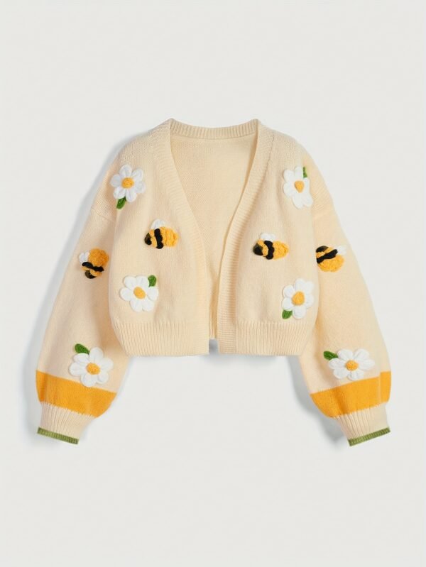 Women's Bee Flower Embroidered Cardigan Sweater Coat