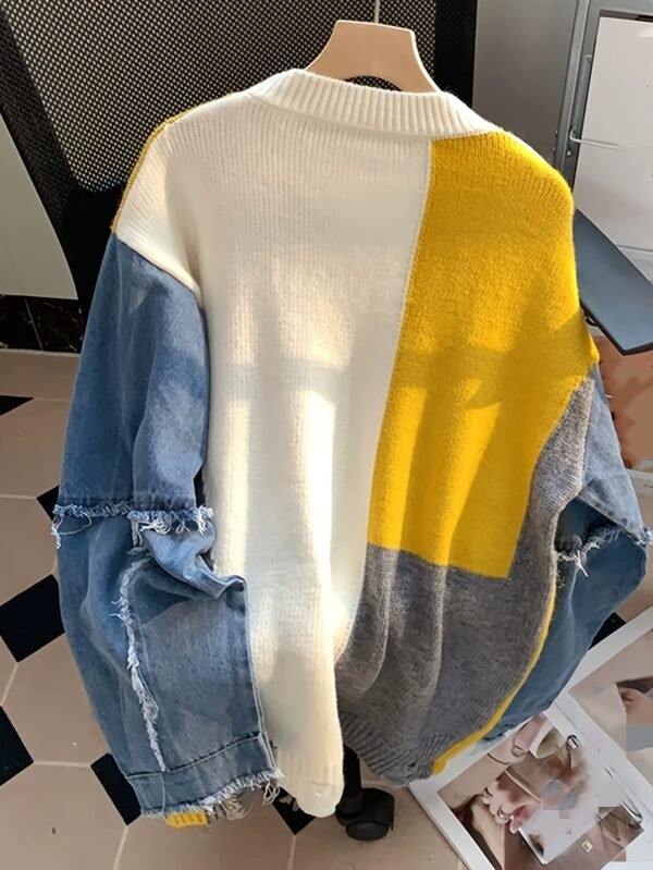Women's Color-Block Denim Patchwork Pullover Cardigan