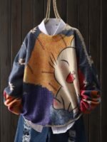 Women's White Cat & Floral Print Crew Neck Sweater