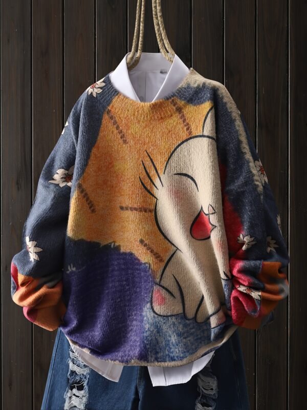 Women's White Cat & Floral Print Crew Neck Sweater