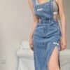863b2735-906c-4934-95fc-c392dad80fc3.jpg Women's Retro Denim Fringe Split Skirt with Suspender Detail