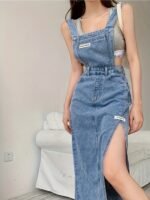 Women's Retro Denim Fringe Split Skirt with Suspender Detail