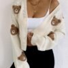 Women's Cute Bear Design Ribbed Cardigan