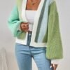 Women's Color-Block V-Neck Long Sleeve Sweater Cardigan