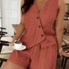 Plus-size Casual Fashion Irregular Suit Vest Shorts Set Brick Red colour