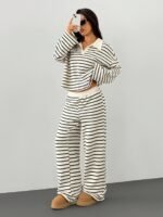 Women's Striped V-Neck Long Sleeve Top & Elastic Waist Pants 2-Piece Set