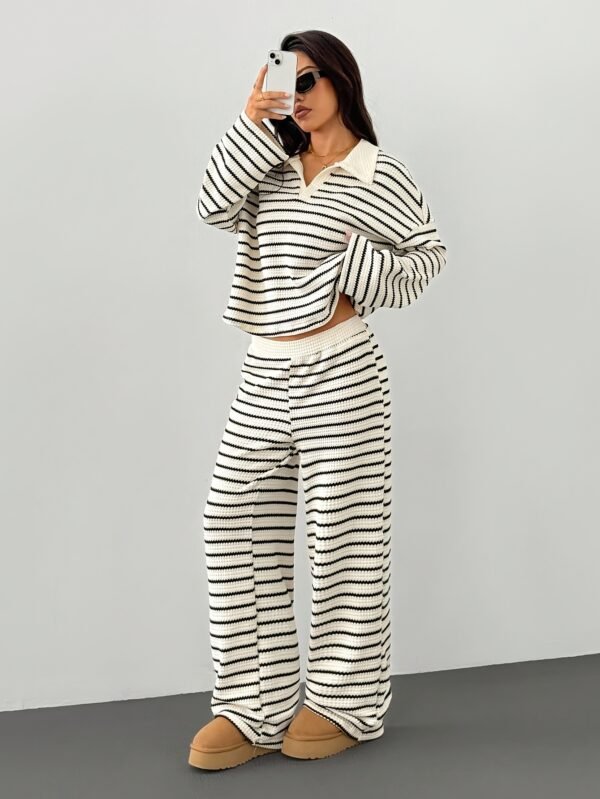 88871640-ef96-44db-a1ce-346ef3fabf6a.jpg Women's Striped V-Neck Long Sleeve Top & Elastic Waist Pants 2-Piece Set