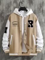Men's R-Letter Patchwork Street Style Baseball Jacket – Starry Khaki