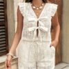 90bac5a0-e2de-4fcb-ac7c-1b9c9712bc1b.jpg Women's Lace Embroidery Bell Sleeve Shirt & Drawstring Shorts 2-Piece Set