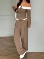 934d66e1-89d8-4807-973a-29a2d6be1b33.jpg Women's Color-Block Long Sleeve Top & Wide Leg Pants Set – Dark Brown