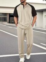 Men's Casual Color-Block Shirt & Drawstring Pants Set – Apricot