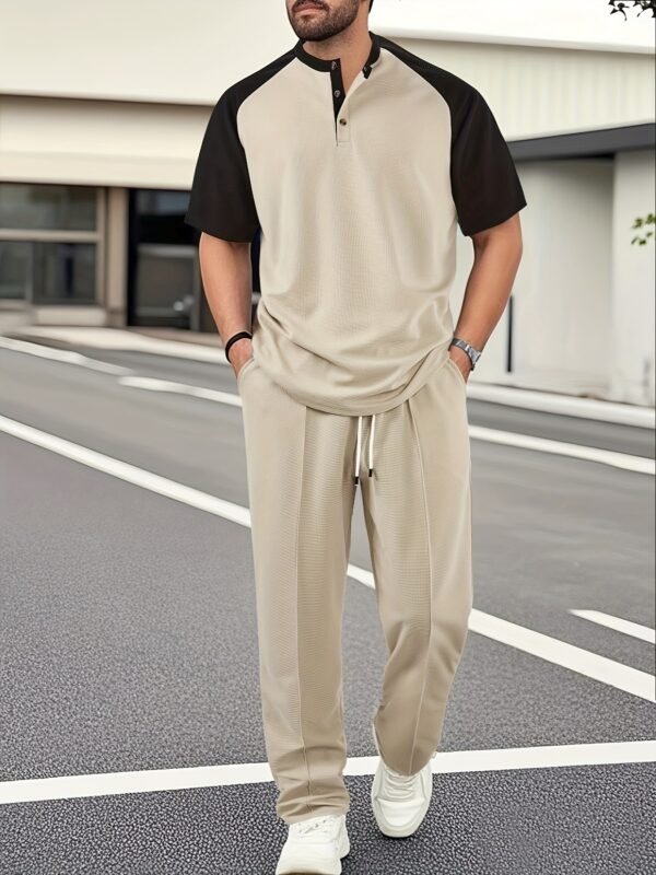 Men's Casual Color-Block Shirt & Drawstring Pants Set – Apricot