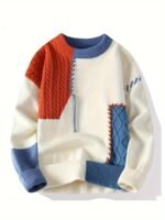 Men's Color-Block Round Neck Knit Sweater – Orange Red