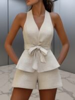 9c4e733a3cf930b057283835212e63ea.jpg Khaki Halter Bow Top & Shorts Set