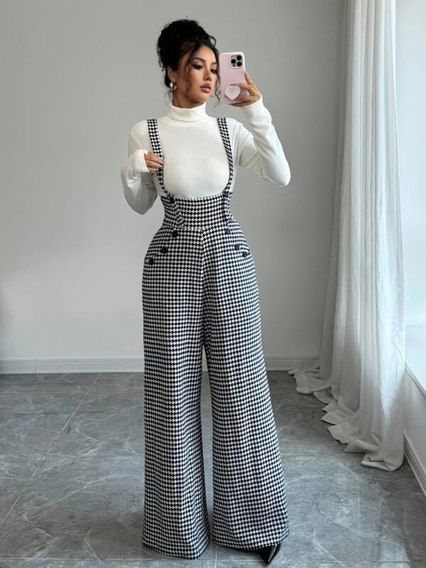 Houndstooth Wide-Leg Suspender Jumpsuit