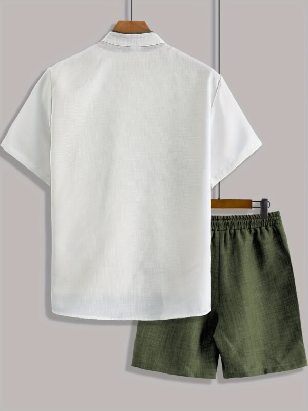 Men's Summer Stand Collar Color Block Shirt & Drawstring Shorts 2-Piece Set – Green & White