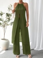 Elegant Casual Solid Color Women's Camisole 2pcs Set Army Green