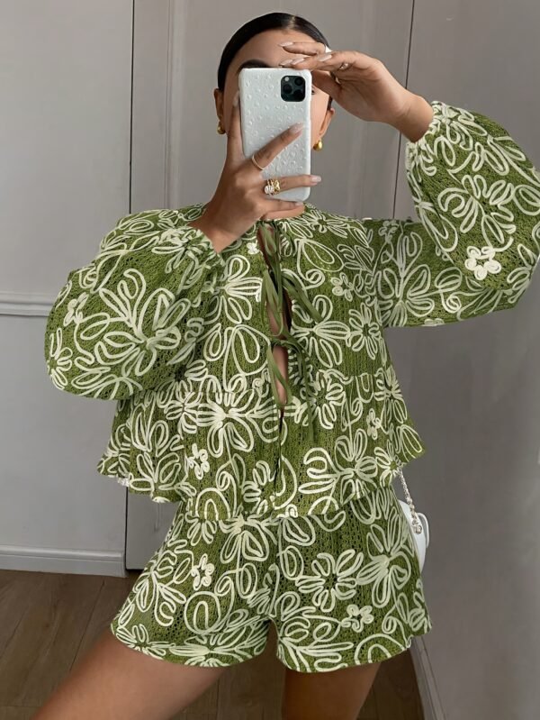 Matcha Floral Tie-Front Shirt & Shorts Set