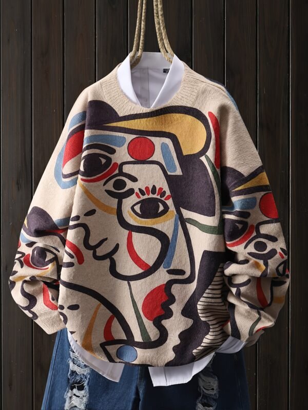 a3a4c4b0-5fa0-4e84-b5a5-8190e7781bcf.jpg Women's Line Art Face Print Long Sleeve Pullover Top