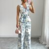 Printed V-Neck Top & Wide-Leg Pants Set