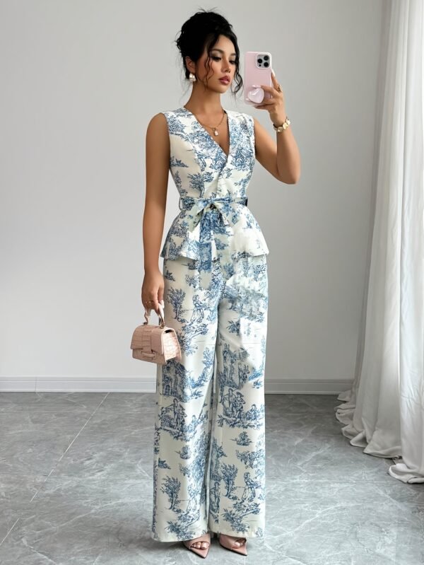 Printed V-Neck Top & Wide-Leg Pants Set
