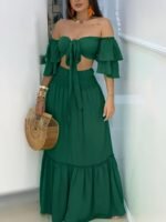 Summer New Beach Vacation Strappy Bandeau Ruffled Top And Skirt 2pcs Set Women'S