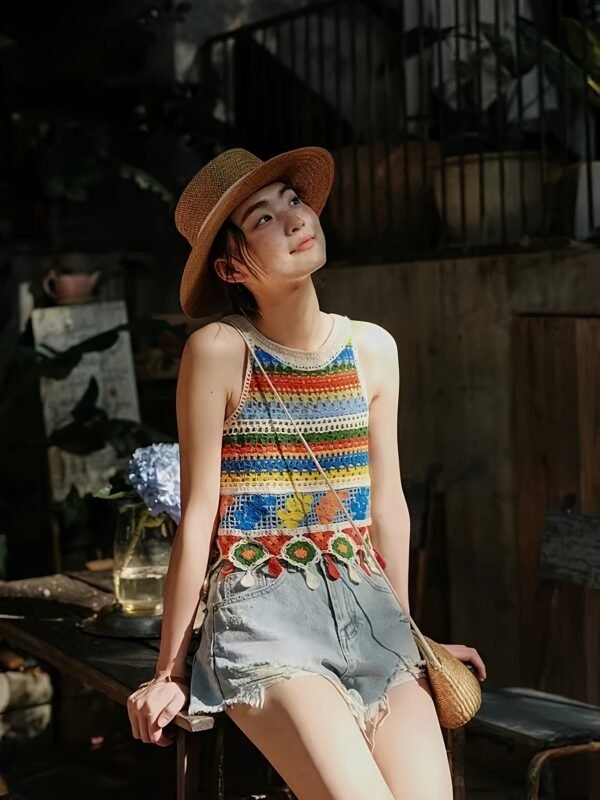 a8c484c4-2672-44e2-afff-f2c126675e8c.jpg Women's Rainbow Stripe Crochet Fringe Crop Tank Top