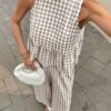 aab5df8a-5ab5-4286-b110-002db4f88e74.jpg Women's Stylish Gingham Two - Piece Set: Sleeveless Peplum Top & Wide - Leg Trousers