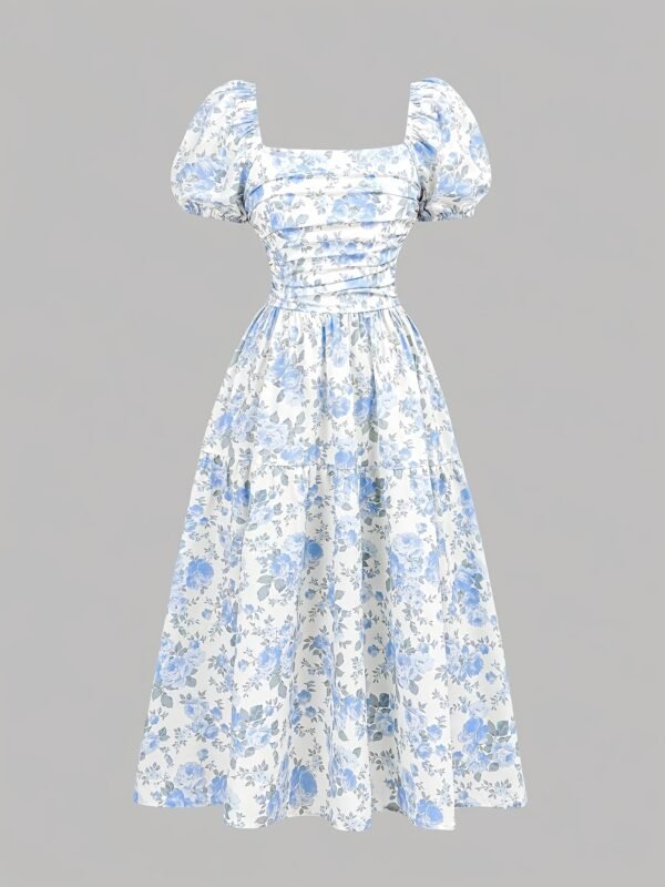 acfb8146-d696-4305-a928-47fc3b47084d.jpg Blue Floral Asymmetrical Hem Midi Dress