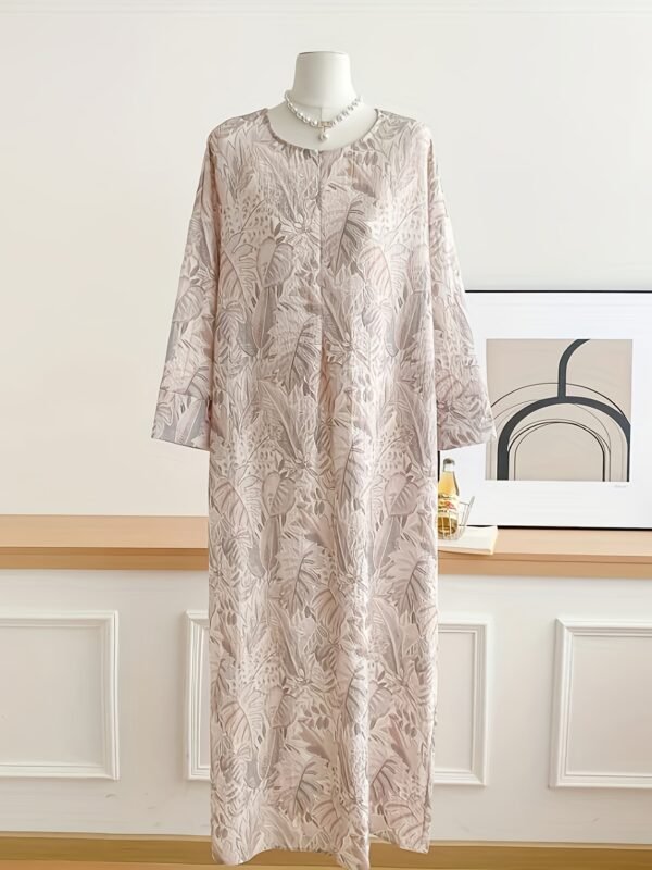 Women's Floral Print Round Neck Dress – Pale Pinkish Gray
