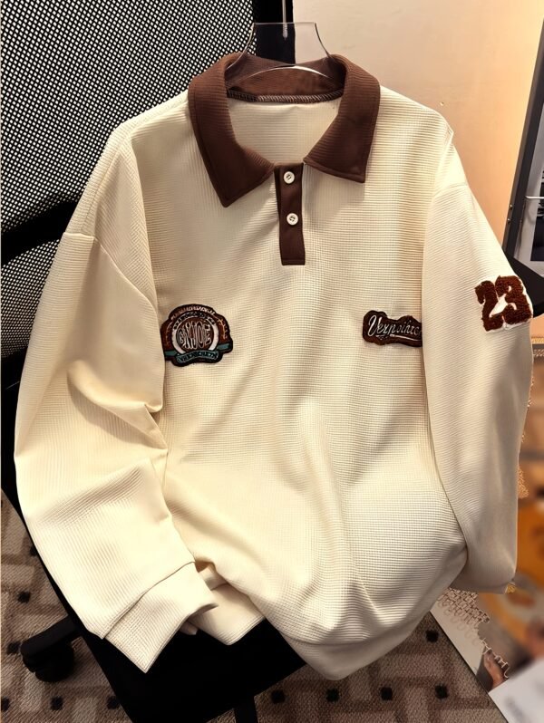 Men's Vintage Waffle Long Sleeve Polo Shirt with Contrast Collar