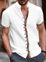Men's Ethnic Style Contrast Patchwork Stand Collar Short Sleeve Shirt